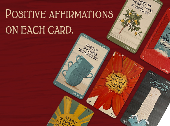 Inner Voice: A Tarot Deck of Affirmations - Several of the tarot cards spread out so affirmations and artwork are visible, plus the words, 'Positive affirmations on each card.'