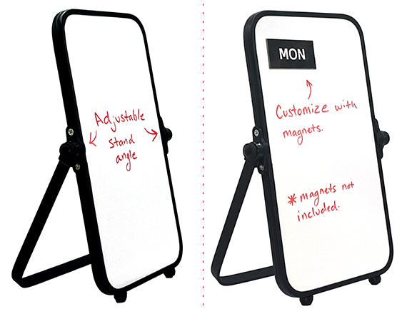 Desktop Release Whiteboard with an adjustable stand that can be flipped over and customized with magnets. Magnets not included