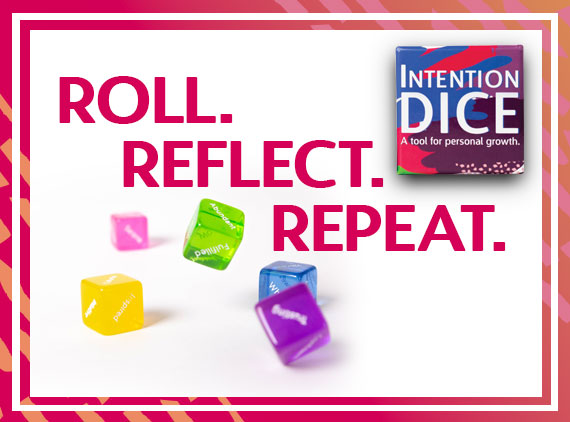 Roll. Reflect. Repeat - Intention Dice - Five colorful acrylic dice with words like 'energetic' and 'resilient' on them