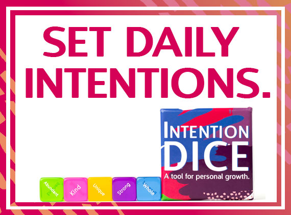 Set Daily Intentions - Intention Dice - Five colorful acrylic dice with words like 'energetic' and 'resilient' on them